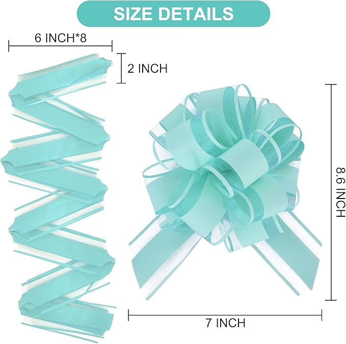 6pcs 7 Inch Pull Bows Teal Blue Gift Wrap Bows for Gift Basket, Flower Wrapping, Baby Shower, Christmas, Valentine's Day, Birthday Party Decorations
