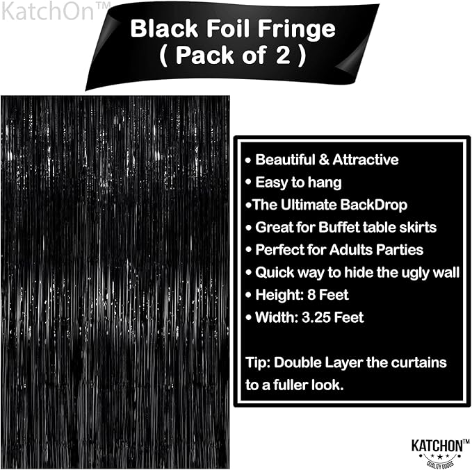 KatchOn XtraLarge Black Streamers - 3.2x8 Ft, Pack of 2 | Foil Fringe Curtain Anniversary Birthday Bachelorette Party Decorations | Graduation Backdrop, Black Backdrop for Graduation Decorations 2026