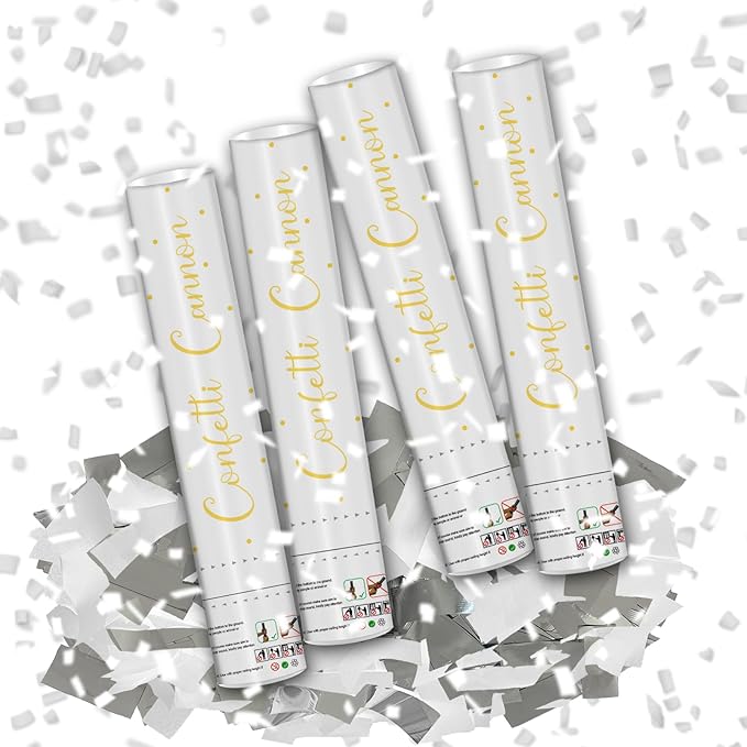 12" Silver & White Confetti Cannons - Party Poppers for Birthday Graduation Retirement Wedding New Year Celebrations - Easy to Use - Pack of 4