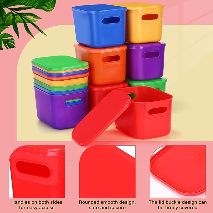 Thyle 24 Pack Vibrant Colorful Plastic Storage Bins with Lids 7 Quart Toy Storage Box Stackable Nestable Organizer Boxes with Handle and Labels for Classroom Shelf Bedroom Desktop Toys School Supplies