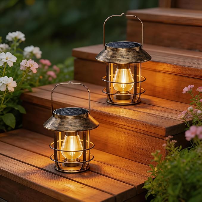 Ahaorigin Solar Lanterns Outdoor Waterproof, High Brightness Hanging Solar Lights for Outside with Wall Hooks, Retro Metal Outdoor Lanterns Auto On/Off for Porch, Patio, Yard Decor 2 Pack