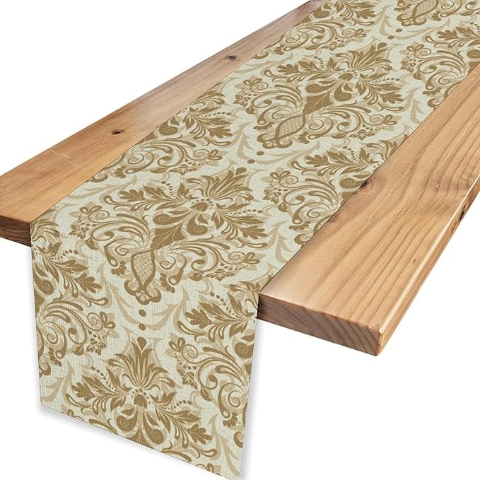 Damask Table Runner, Rustic Gothic Gold Baroque Style Floral Bohemian Boho Flower Antique Vintage Coffee Table Center Decor for Kitchen and Dining Outdoor Country Party Table Decorations, 13"x90"