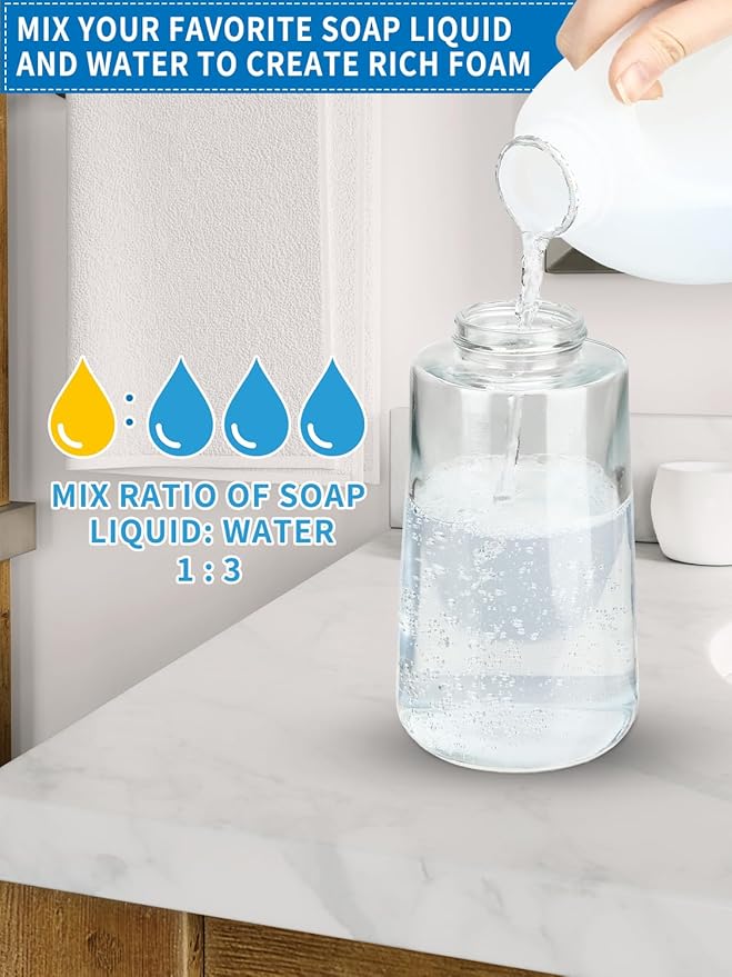 Foaming Hand Soap Dispenser Set, 16 oz Large Glass Soap Dispenser, Foam Dispenser with Stainless Steel Pump & Waterproof Labels, Refillable Soap Bottles for Bathroom Countertop, 2 in 1