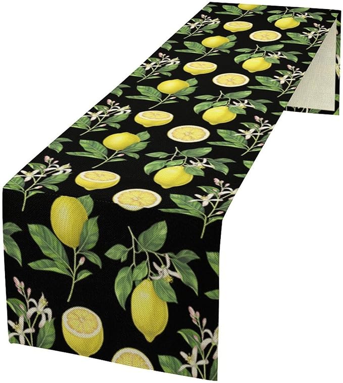 Watercolor Lemon Table Runner, Spring Summer Seasonal Green Leaves Flowers Yellow Fruits Print Table Runner for Farmhouse Kitchen Dining Table Home Party Indoor Decor 13x90in