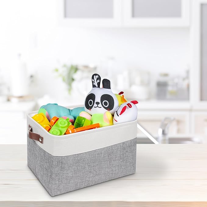 Univivi Fabric Storage Baskets Hard Bottom for Shelves,15X10.5X9.5 inch Rectangle Linen Closet Organizers,Foldable Storage Bins with PU Handles,Gray,4PC