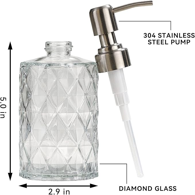 Easy Tang Glass Hand Dish Soap Dispenser for Bathroom Kitchen 12 Oz Crystal Design with Silver Pump Refillable Liquid Soap Dispenser (Clear)