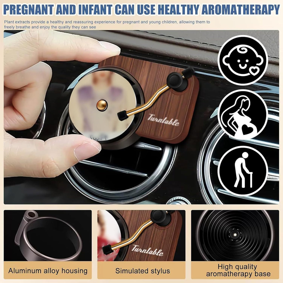 Taylo r car-mounted record player essential oil fragrance disc air freshener vent clip diffuser, retro wooden design, suitable for gifting to Swif t fans and music enthusiasts.