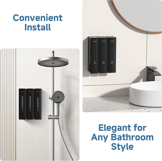 1984 Shower Soap Dispenser Bathroom Set Shampoo Conditioner Body Wash Dispenser Wall Mounted Shower Shampoo Dispenser 3 Chamber No Drill for Home Star Hotel 3 x 400ml Black