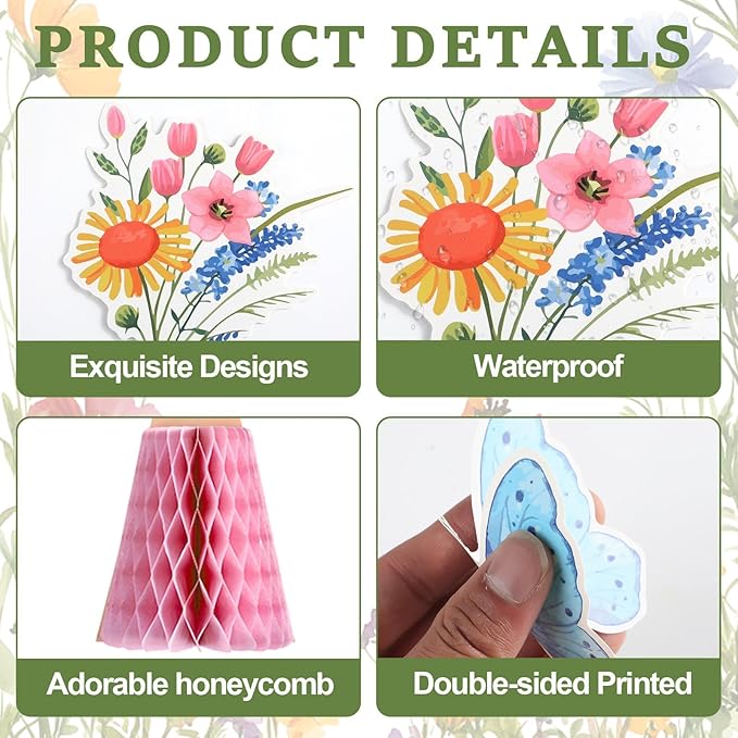 14PCS Spring Wildflower Party Decorations Wild Flower Garland Floral Banners Hanging Swirls Flower Honeycomb Centerpieces for Easter Baby Shower Wedding Garden Birthday Butterfly Party Decor Supplies