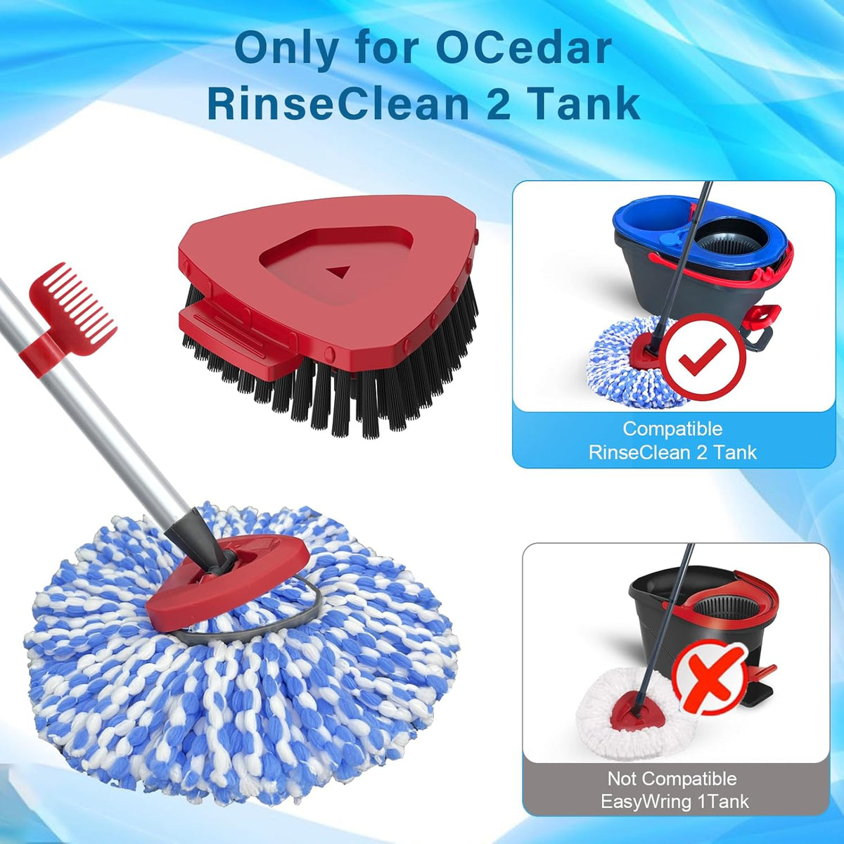Spin Mop Head and Brush Replacement Compatible with O Cedar RinseClean 2-Tank System, 4 Mop Replace Heads, 1 Handle, 1 Base and 1 Scrub Brush Combo Set