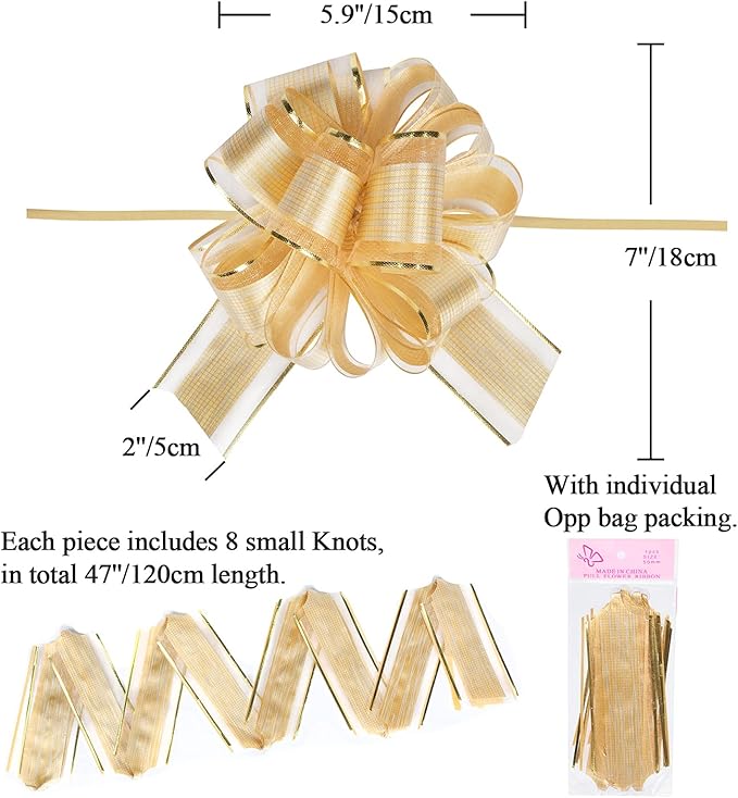 20 PCS Large Pull Bow Gift Wrapping Bows, Pull Bow with Ribbon for Wedding Gift Baskets, Party Gift Wrap Bows, Presents Decorating Bows (Gold)