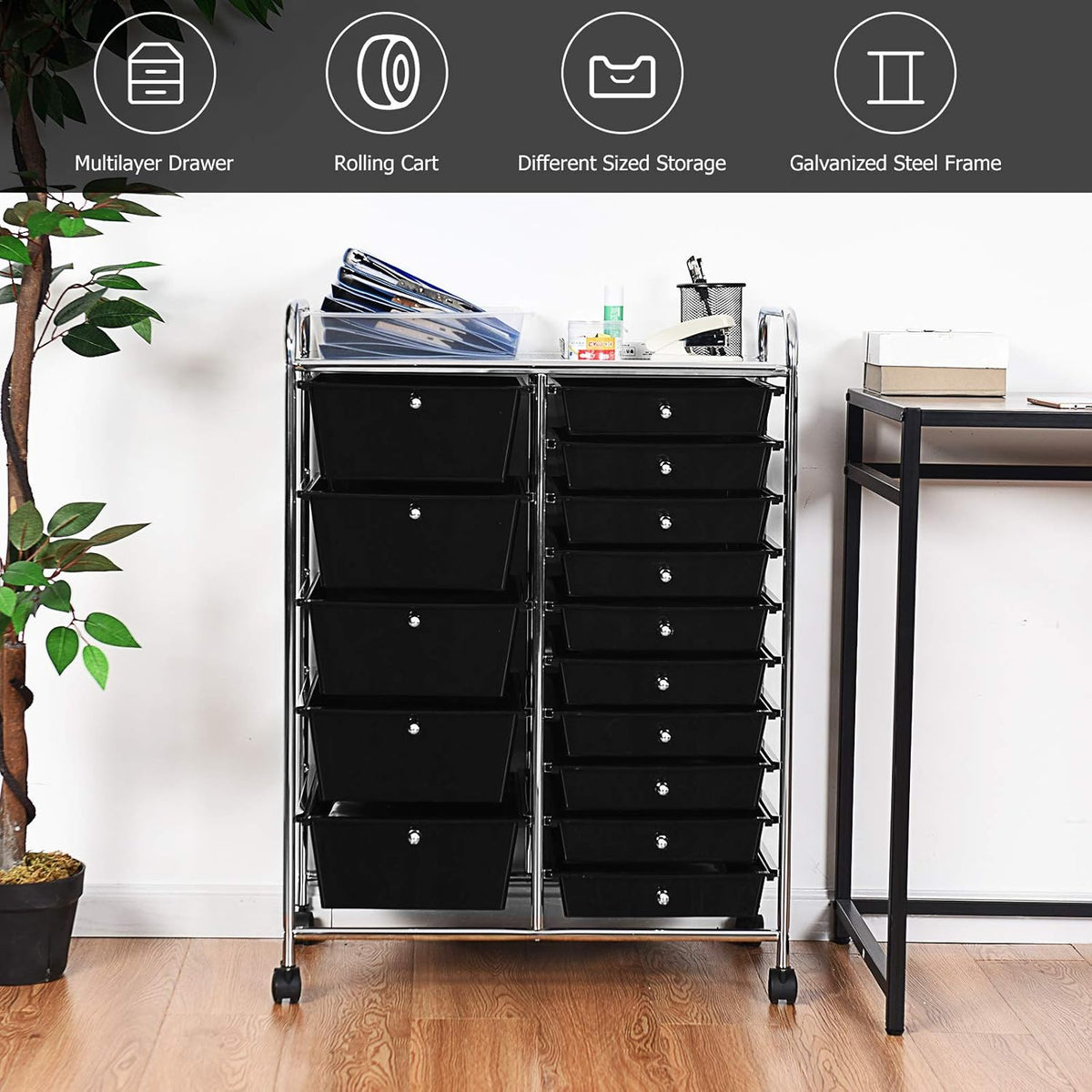 GOFLAME 15-Drawer Rolling Storage Cart, Multipurpose Movable Organizer, Utility Cart for Home, Office, School, Black