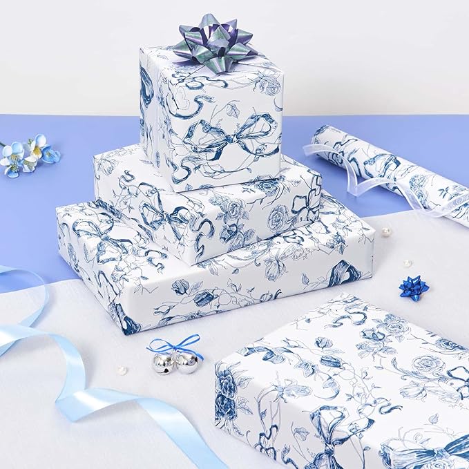 WERNNSAI Blue Bow Floral Wrapping Paper Roll - 1 Roll 17”x 33 ft Baby Blue Bow Gift Wrap Paper Vintage Floral Gift Packing for Coquette Birthday Wedding Bridal Shower Party Supplies