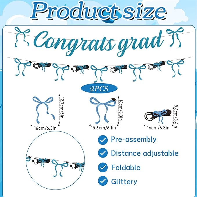 Blue Graduation Decorations 2026-2PCS Blue Bow Congrats Grad Banners Party Decor, Bowknot Graduation Party Supplies for Primary Middle High School University College (No-DIY)