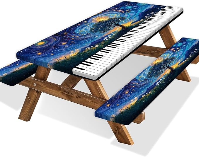 Piano Keyboard Picnic Table Cover with Bench Covers, Camping Essentials, Whirlpool Star Tree Flower Waterproof Windproof, Fitted Tablecloth Cover with Elastic Edge for Outdoor Garden 3 PCS 30x96 Inch