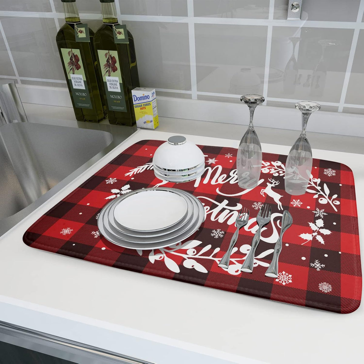 Merry Christmas Dish Drying Mat 18x24 Inch for Christmas Kitchen Counter Decor Absorbent Reversible Microfiber Red Buffalo Check Plaid Dishes Pad