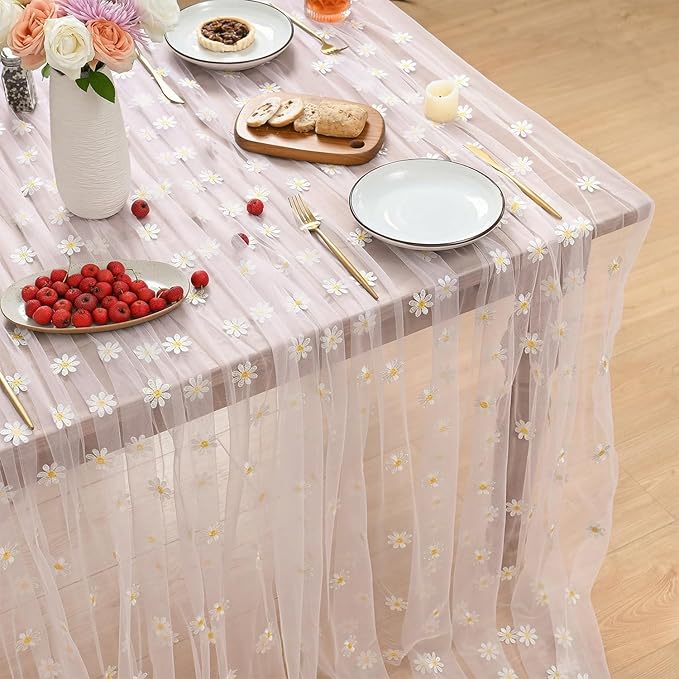 Horaldaily Pink Embroidery Daisy Spring Summer Gauze Tablecloth 60×104 Inch Rectangular, Seasonal Tulle Table Cover, Garden Party Decorations for Wedding, Party, Holiday Dining