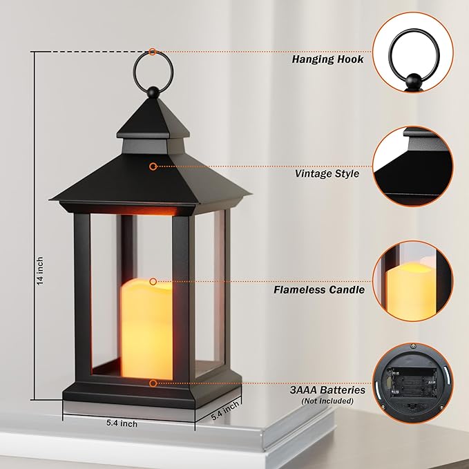 Lanterns Decorative Indoor, 1 Pack Black Decorative Flameless Candle Lanterns with Timer, Vintage 14" Waterproof Hanging Outdoor Lanterns, Battery Operated for Porch, Patio, Wedding Decor