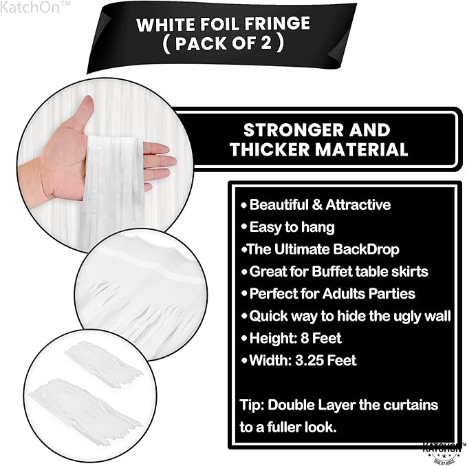 KatchOn, White Foil Fringe Curtain - XtraLarge 3.2x8 Feet, Pack of 2 | Fringe Backdrop for Party Decorations | White Backdrop for Bridal Shower, Baby Shower, Anniversary, Wedding Decorations