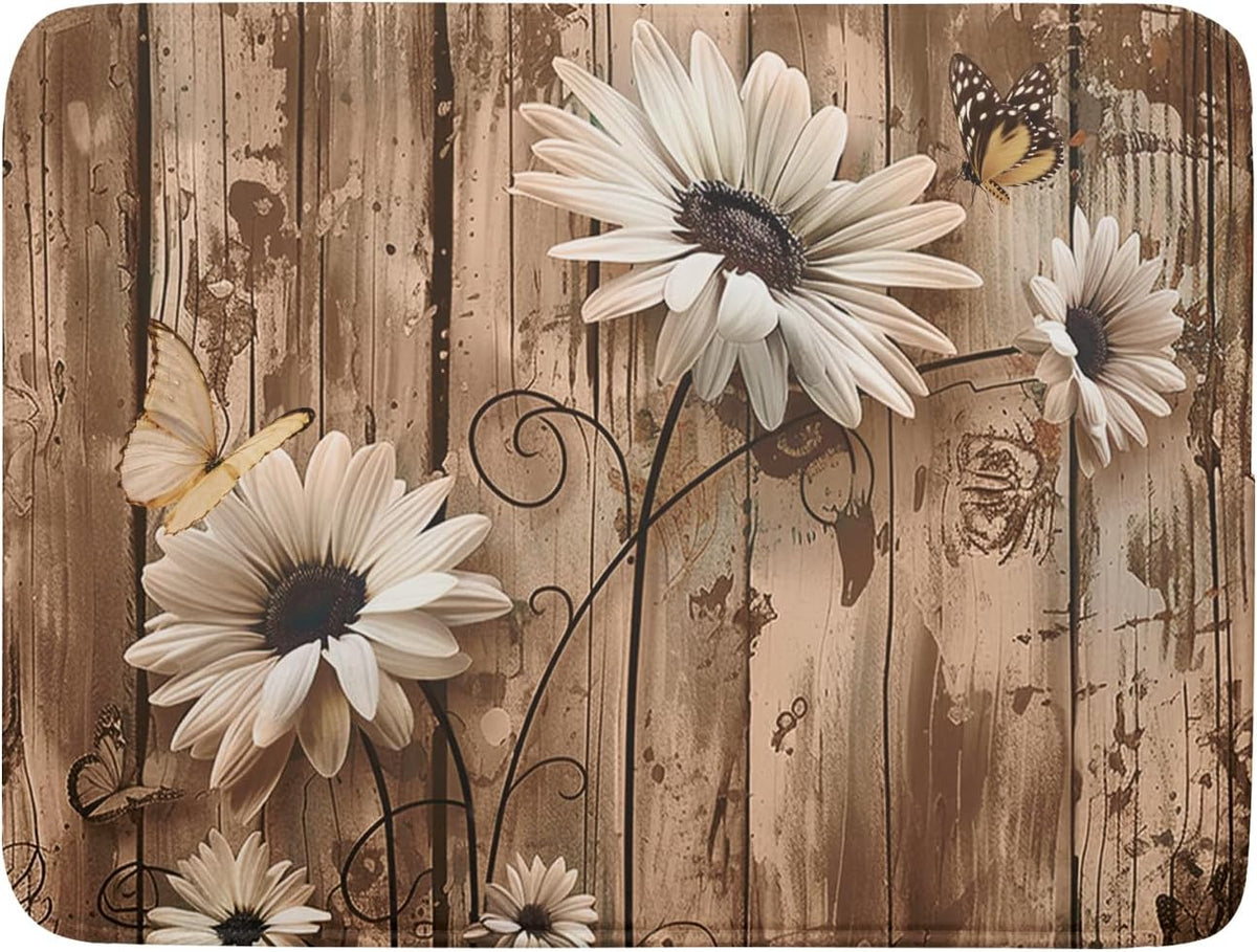 Summer Daisy Flowers Dish Drying Mat for Kitchen Counter 16x18in Rustic Wood Floral Kitchen Mat Daisy Microfiber Absorbent Dish Drainer Mat Fast Dry