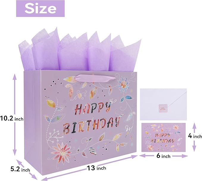 Qirrmiy 13'' Large Happy Birthday Gift Bag Set with Handles, Greeting Card, Purple Tissue Papers and Stickers for Women Girls, Purple Floral Design, 1 Pcs