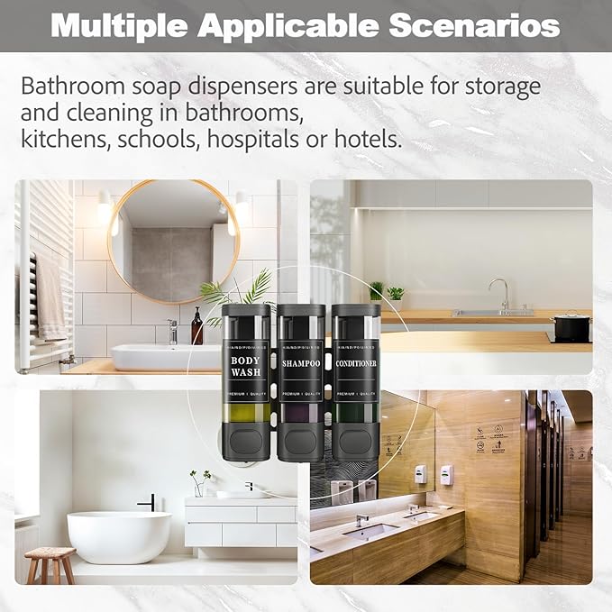 CeeVian 3 Chamber Shower Soap Dispenser Shower Soap Dispenser No Drill Wall Mounted Conditioner Body Wash Dispenser for Bathroom, Gym, Hotel – Includes Screws, Stickers & Tools