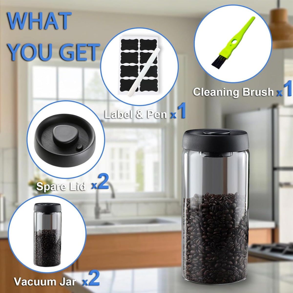 Vacuum Coffee Canister,2PCS 61FLOZ Borosilicate Glass Jar with Spare Airtight lid, Label & Brush