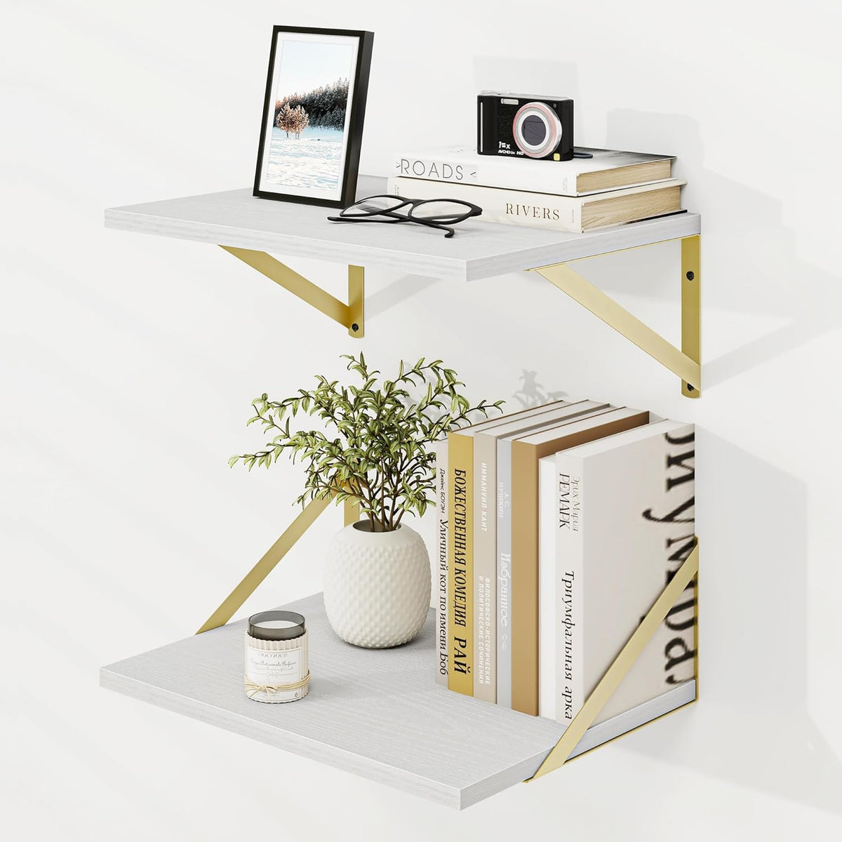 Dreamland Gold Floating Shelves for Wall, Gold Wall Shelf, Large Floating Shelf 12 * 16 inch Set of 2 for Bookshelf Living Room Bedroom Home Office