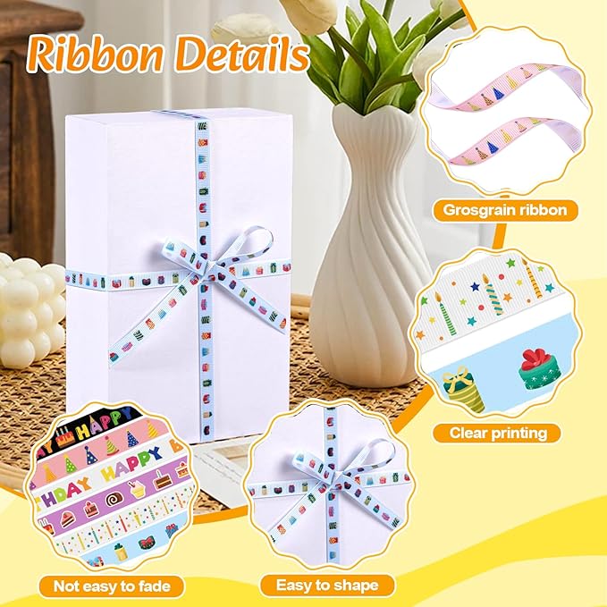 6 Roll Happy Birthday Birthday Ribbon Set, 3/8 Inch x 30 Yards Grosgrain Decorative Ribbons, Candle Cake Gift Pattern Colorful Ribbons for Gift Wrapping Birthday Baby Shower Decoration