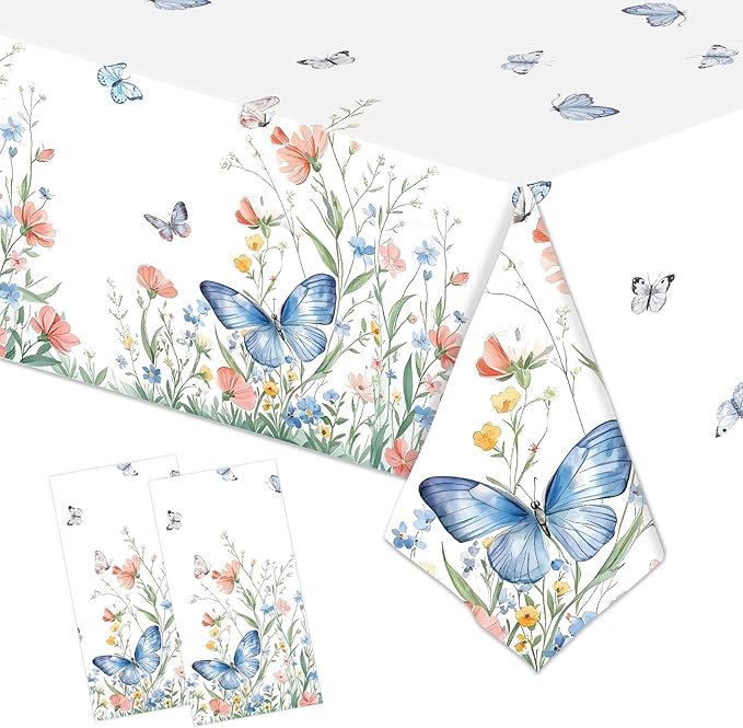 2 Pack Spring Floral Tablecloth Party Decorations, 54 x 108 Inch Disposable Wildflower Butterfly Plastic Table Cover Wildflower Table Cloth for Birthday, Wedding, Tea Party Decor