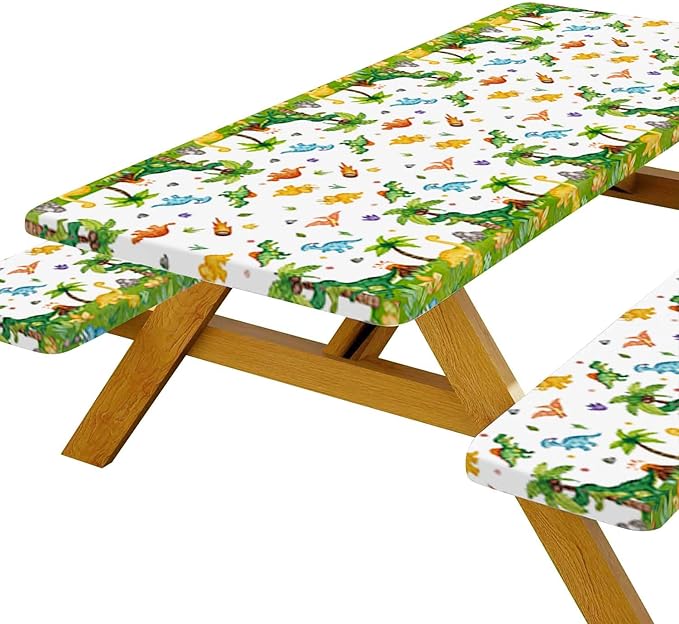 JAWO Dinosaur Picnic Table Covers with Bench Covers, Jungle Dino Print Tablecloth, Outdoor Table Cover Set, Patio Camping Picnic Table Protector, 96x30 Inch