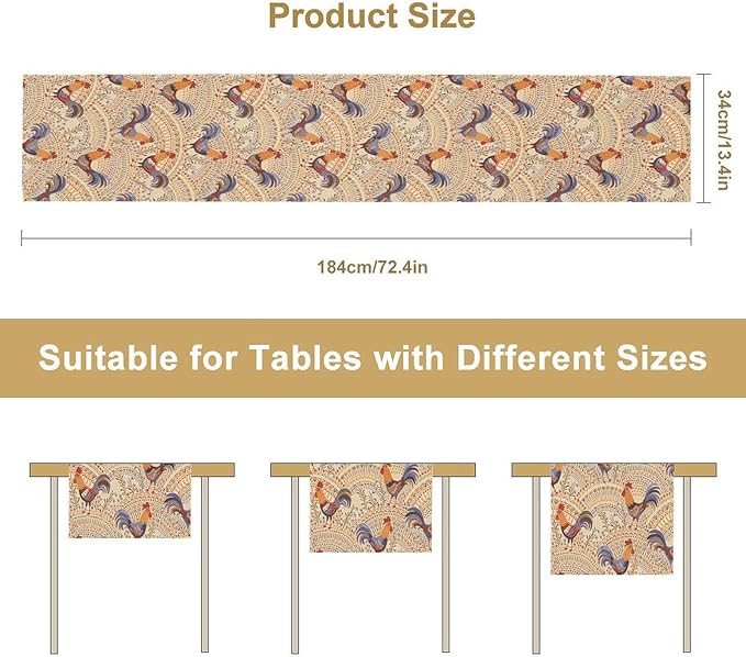 Cute Roosters Table Runner, Boho Rustic Cock Chicken Vintage Arch Floral Plants Print Table Cover for Holiday Kitchen Dining Table Indoor Outdoor Home Party Decor, 13x120inch