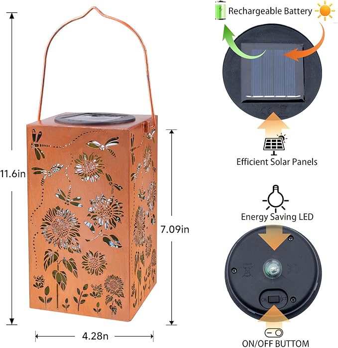 2pack Solar Lanterns Outdoor Waterproof Hanging Dragonfly Lantern Metal LED Sunflower Light Decorative Yard,Patio,Lawn,Pathway, Garden,Birthday,Christmas Gifts for Mom Grandma Women