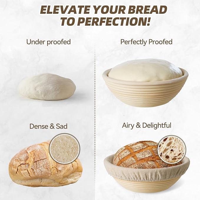 Bread Proofing Basket, Kikcoin Banneton Bread Proofing Basket Set of 2, 9 Inch & 10 Inch Round Sourdough Proofing Basket with Linen Liner, Bread Lame