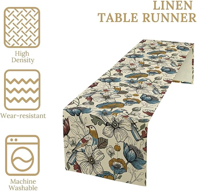 Boho Flower Birds Table Runner,Vintage Floral Aesthetic Art Table Decoration for Kitchen Dining Table Holiday Indoor Outdoor Home Party Decor 13x120in