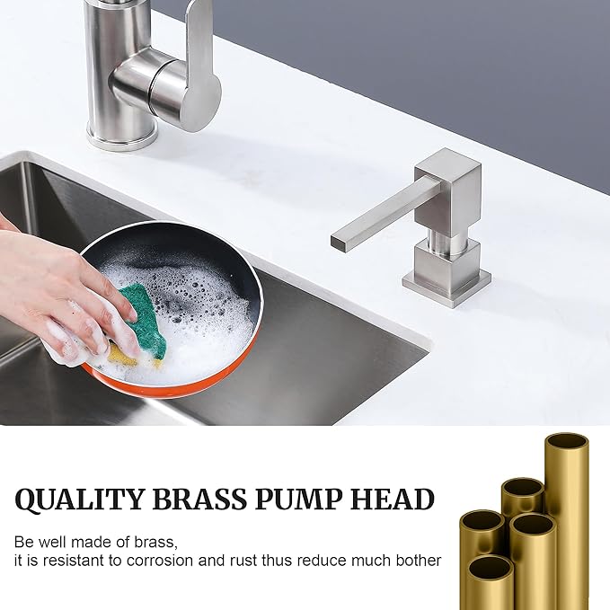 Sink Soap Dispenser for Kitchen Sink Brushed Nickel, All Brass Built-in and Refill from Top Design,Metal Hand Soap & Dish Soap Copper Pump