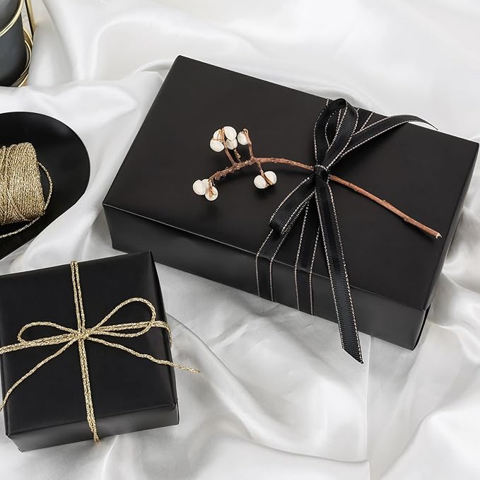 NESCCI Matte Metal Black Wrapping Paper, Solid Color Paper-2 Roll,17 Inches X 32.8 Feet Per Roll,Gift Wrapping Paper,Perfect for Wedding,Valentine's Day,Birthday,Baby Shower,DIY Bouquet