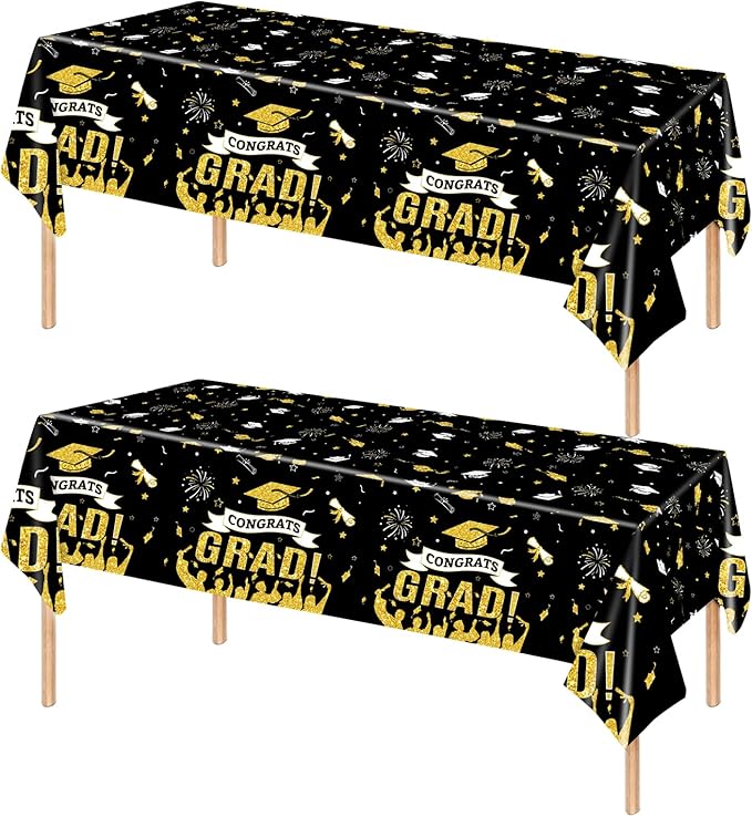 2 Pack Graduation Tablecloth, Class of 2026 Congrats Grad Table Cloths Disposable Plastic Rectangle Black Gold Table Cover for Graduation Tables Decorations Party Decor Supplies Favors,108 x 54 Inch