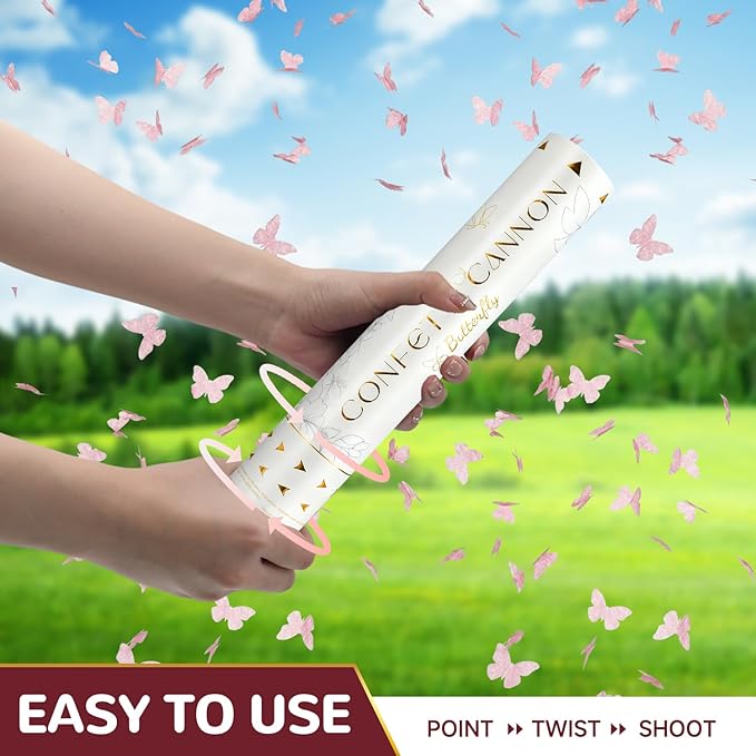 Confetti Cannon Butterfly Confetti Poppers 6 Pack Party Poppers 12 inch Pink Confetti Shooters Butterfly Sticks for Wedding Birthday Graduation Anniversary Bridal Shower Valentines Christmas New Year