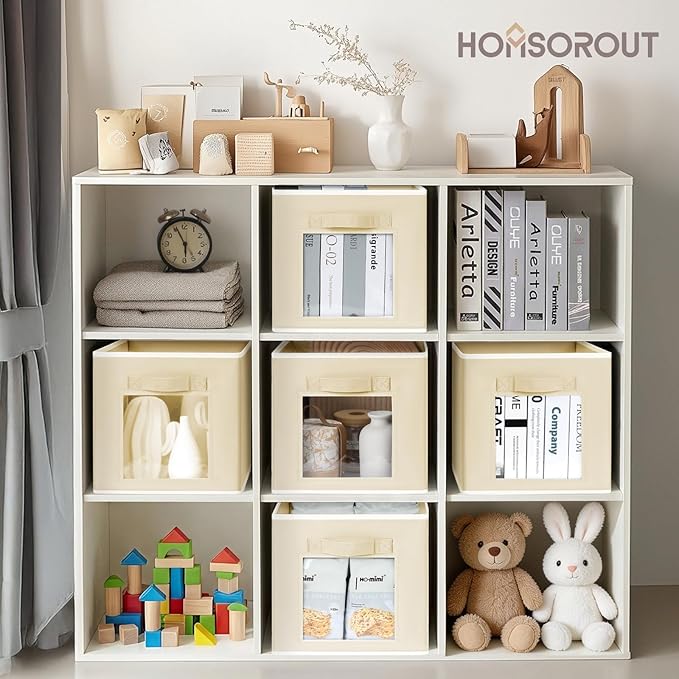 Homsorout Foldable Storage Cubes - Square Organizer with Window, Decorative Baskets for Organizing, Fabric shelf Basket for Clothes, 11 Inch Closet Storage Cubes, Set of 16, Beige