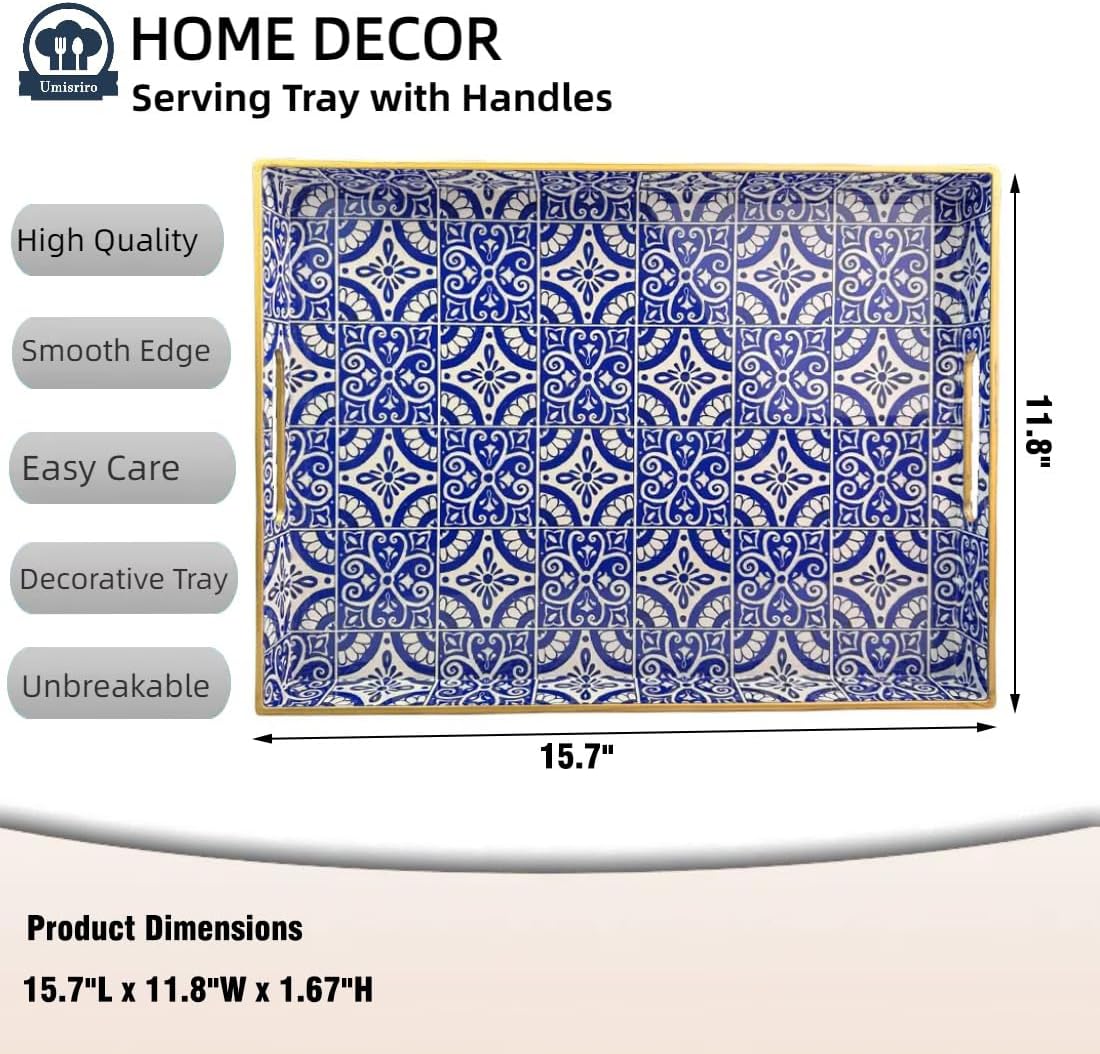 Serving Tray with Handles, Rectangular Decorative Trays for Coffee Table, Plastic Ottoman Tray for Living Room, Decor, Boho Blue, 15.7”*11.8”*1.6"