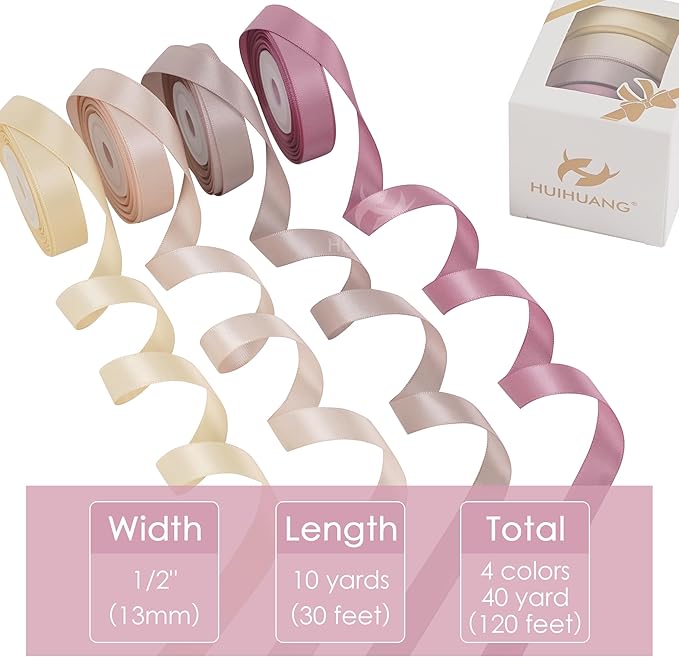 HUIHUANG Satin Ribbon 1/2 inch x 4 Rolls Dusty Rose/Rose Gold/Mauve Ribbon/Champagne for Gift Wrapping DIY Crafts Hairs Decor Flower Bouquets Wedding Decor- Total 40 Yards