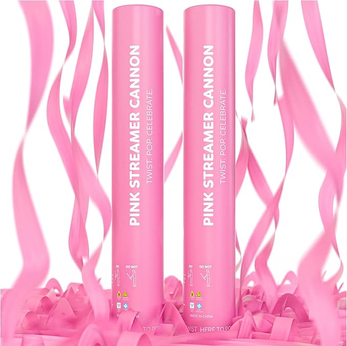 Pink Streamer Cannon Poppers | 2 Pack | Biodegradable Pink Streamers | TUR Party Supplies | Up to 25ft | Giant (12”) | Party Poppers for Graduation, Birthdays, and Bachelorette & Princess Parties