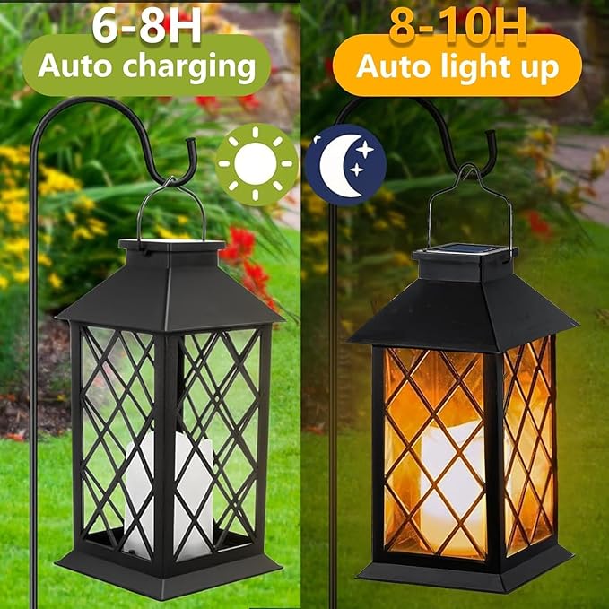 Solar Lanterns Outdoor Waterproof, 2 Pack 9" Glass Hanging Solar Lights with Flickering Flameless Candle, Outdoor Lanterns for Patio Wall Porch Table Garden Tree, Gift for Women Mom - Black