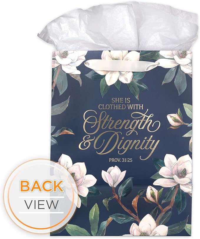 Christian Art Gifts Large Portrait Inspirational Scripture Women's Gift Bag, Tag & Wrapping Tissue Paper Set: Strength & Dignity Bible Verse for Moms, Cute Navy Blue Floral/Gold, Satin Ribbon Handles