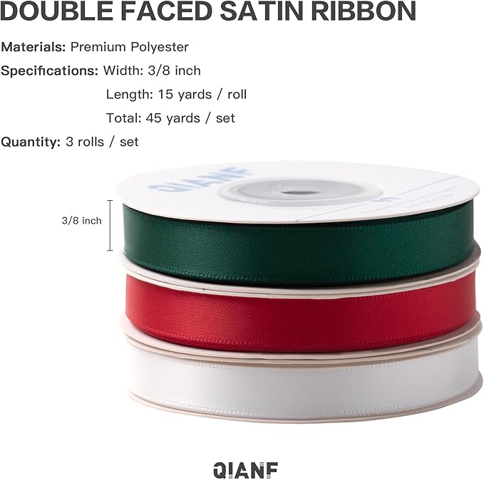 QIANF Red/Dark Green/White Double Face Satin Ribbon 3/8 Inch x 45 Yards Fabric Ribbon for Gift Wrapping, Flower Bouquets, Hair Bows Making, Wedding Decoration, Christmas (3 Rolls *15Yd)