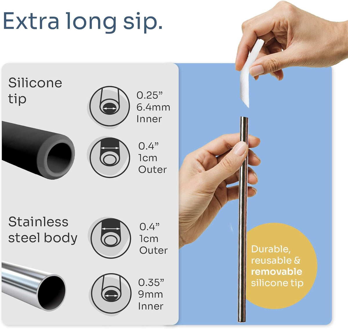 purifyou 14.5" Extra Long Stainless Steel Drinking Straws with Silicone Tips, Reusable Metal Straws for Tumblers, Smoothies