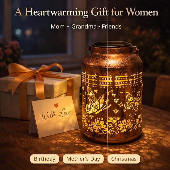 Solar Lanterns Outdoor Waterproof - Retro Metal Hanging Solar Lights with Butterfly Pattern on Bottom, Decorative Garden Decor for Outside Tree Porch Yard, Unique Birthday Gifts for Women Mom Grandma
