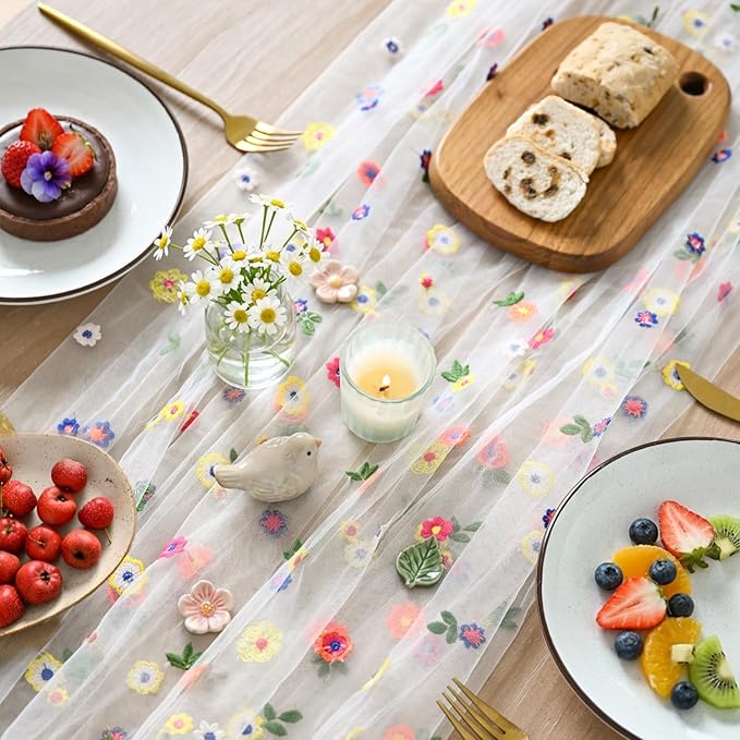 Artoid Mode Embroidery Daisy Spring Gauze Table Runner 59x120 Inch 10FT, Seasonal Sheer Kitchen Dining Holiday Wedding Birthday Table Decor for Home Party