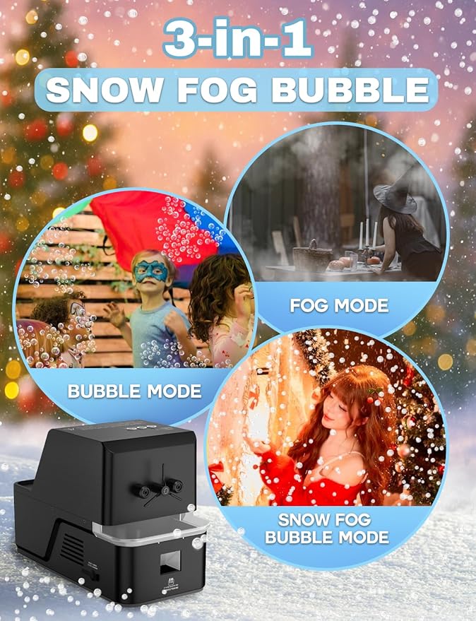 Fog Bubble Machine – 3-in-1 Bubble & Fog Machine that Creates Snow-Like Effect for Indoor and Outdoor Use - Perfect Fake Snow Maker for Christmas, Parties, Weddings, and Holiday Events